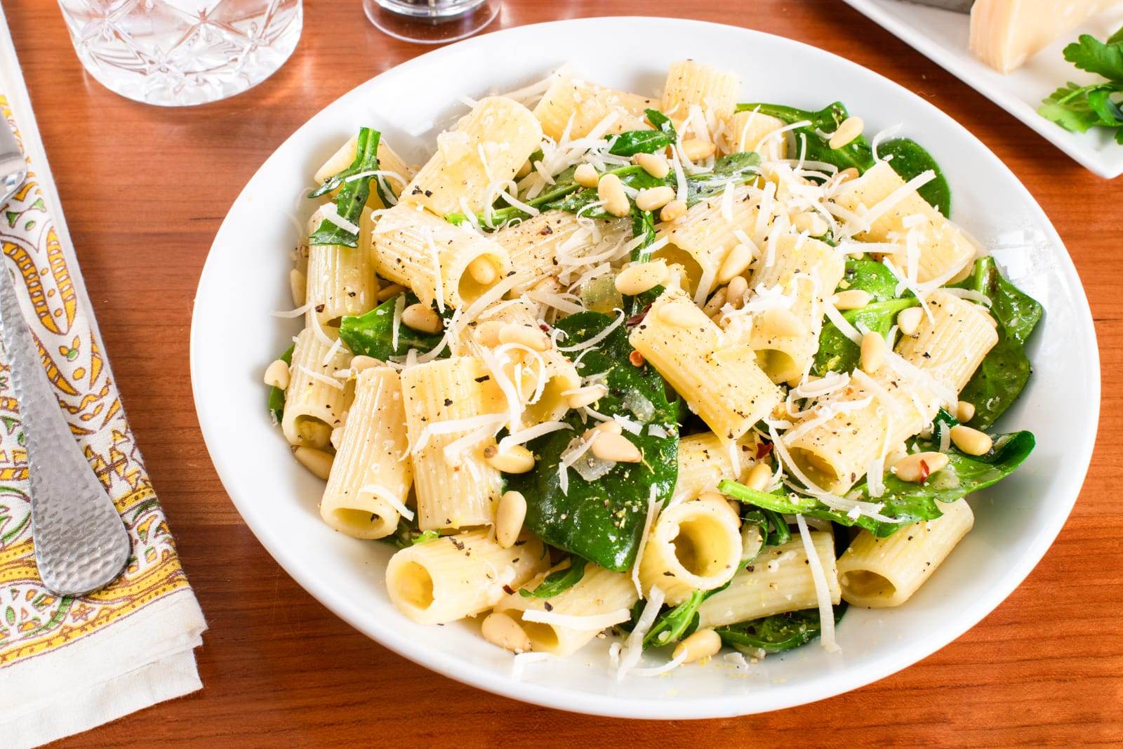 Lemony Rigatoni with Spinach, Arugula, and Pine Nuts