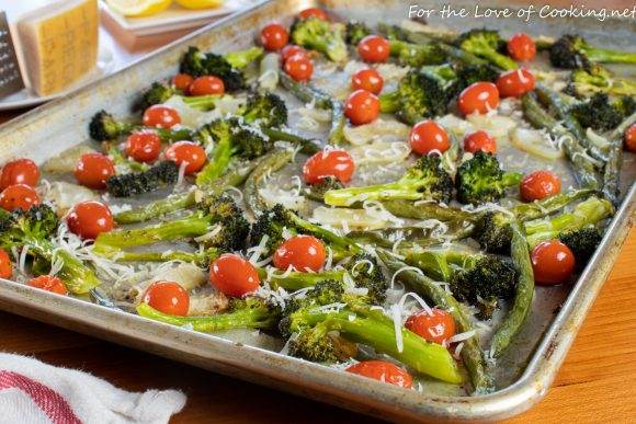 Sheet Pan Roasted Broccoli, Green Beans, and Tomatoes with Lemon and Parmesan