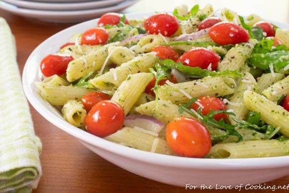 Pasta Salad with Blistered Tomatoes, Arugula, and Pesto