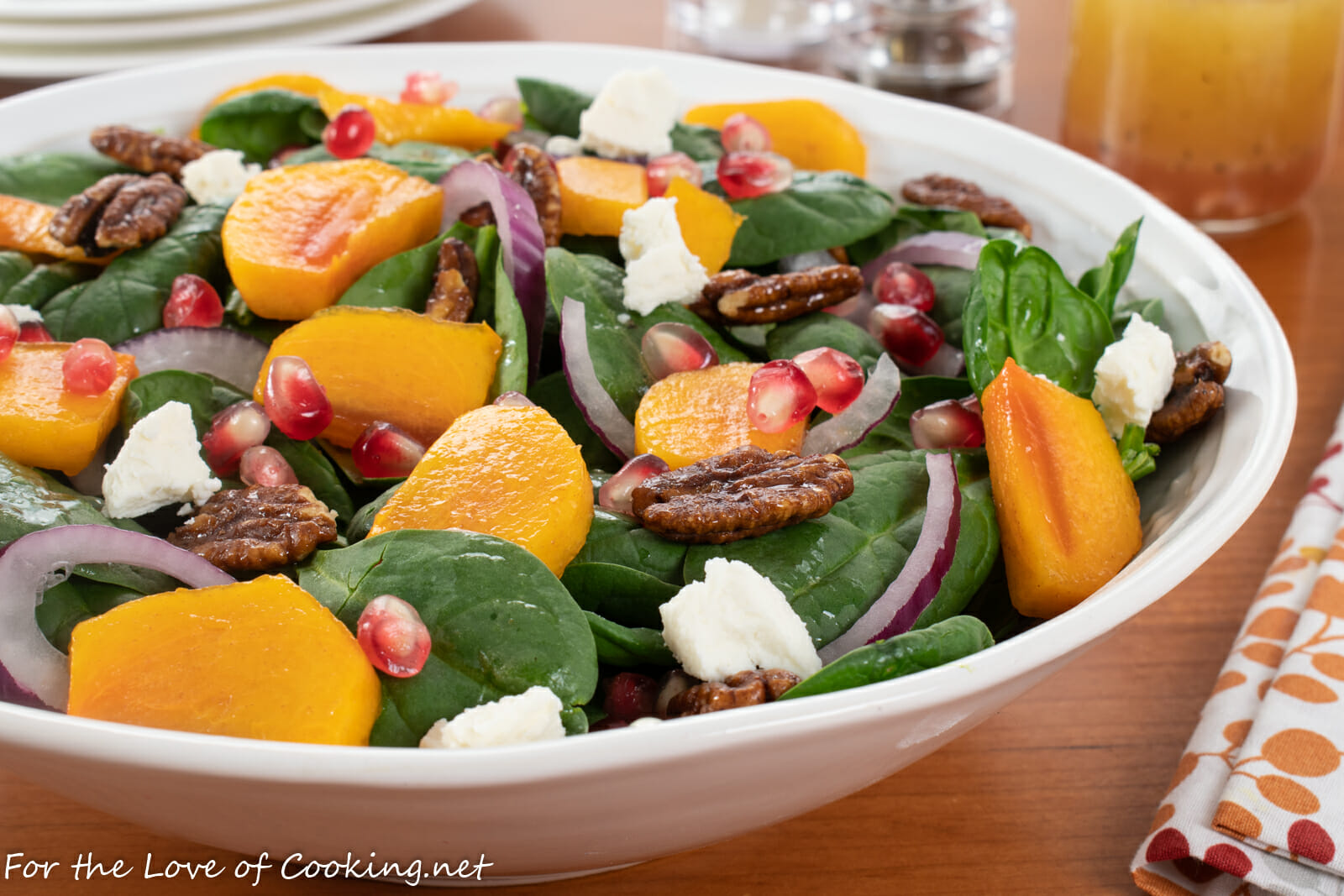 Spinach Salad with Persimmons, Pomegranate Seeds and Candied Pecans