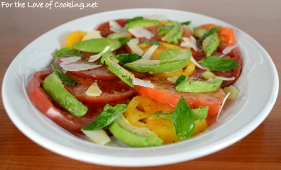 Sliced Heirloom Tomato and Avocado Salad with Basil and Shaved Parmesan