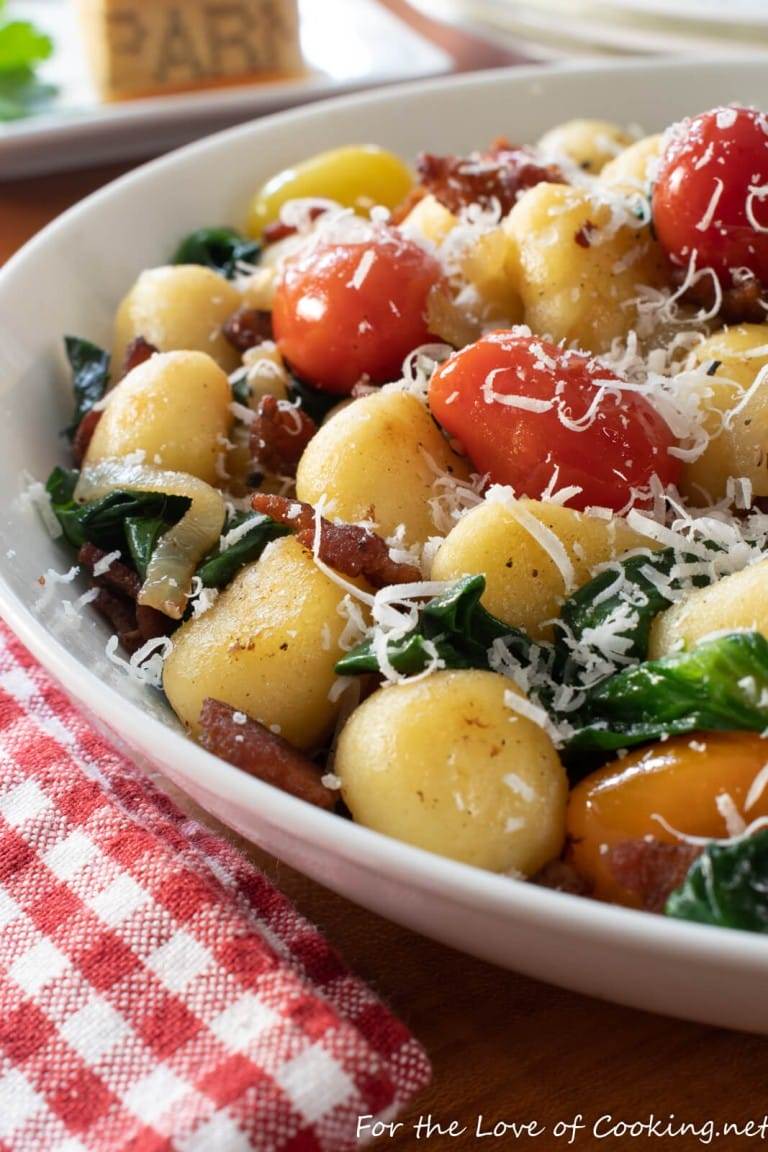 Skillet Gnocchi with Bacon, Tomatoes and Spinach For the Love of Cooking