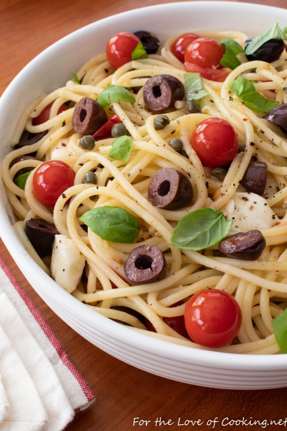Spaghetti with Cherry Tomatoes, Olives, and Capers For the Love of Cooking