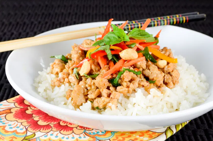 Thai Basil Chicken Rice Bowl with Lemongrass Coconut Rice