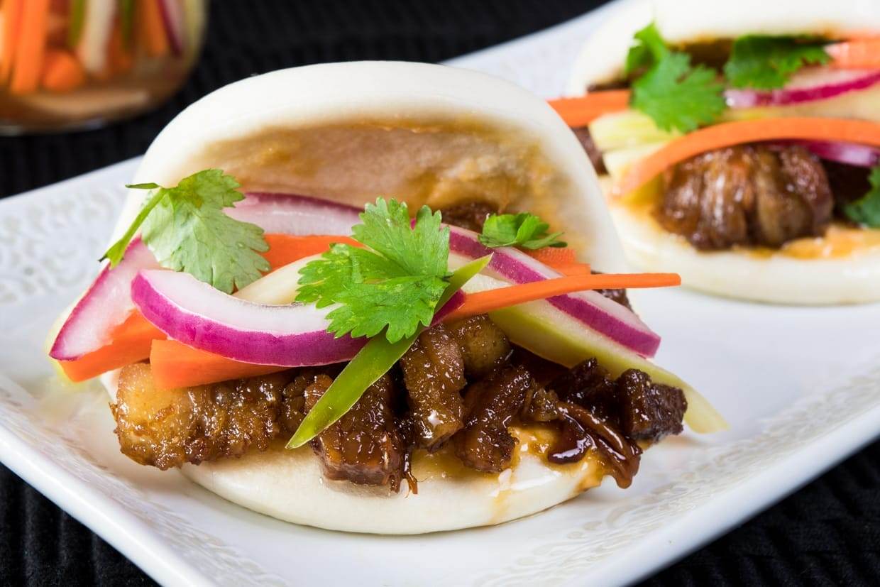 Steamed Bao with Glazed Pork Belly and Pickled Veggies