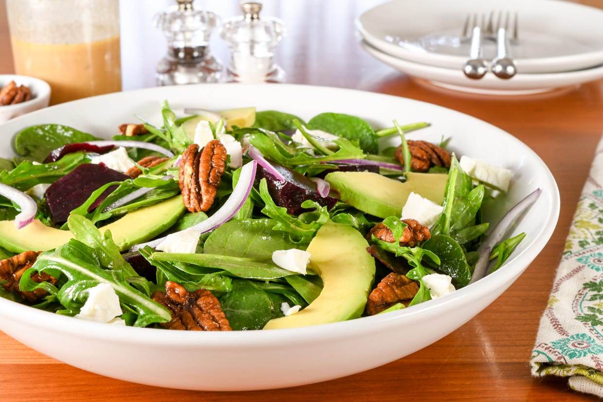 Roasted Beet, Goat Cheese, and Avocado Spinach Salad with Honey-Dijon Vinaigrette