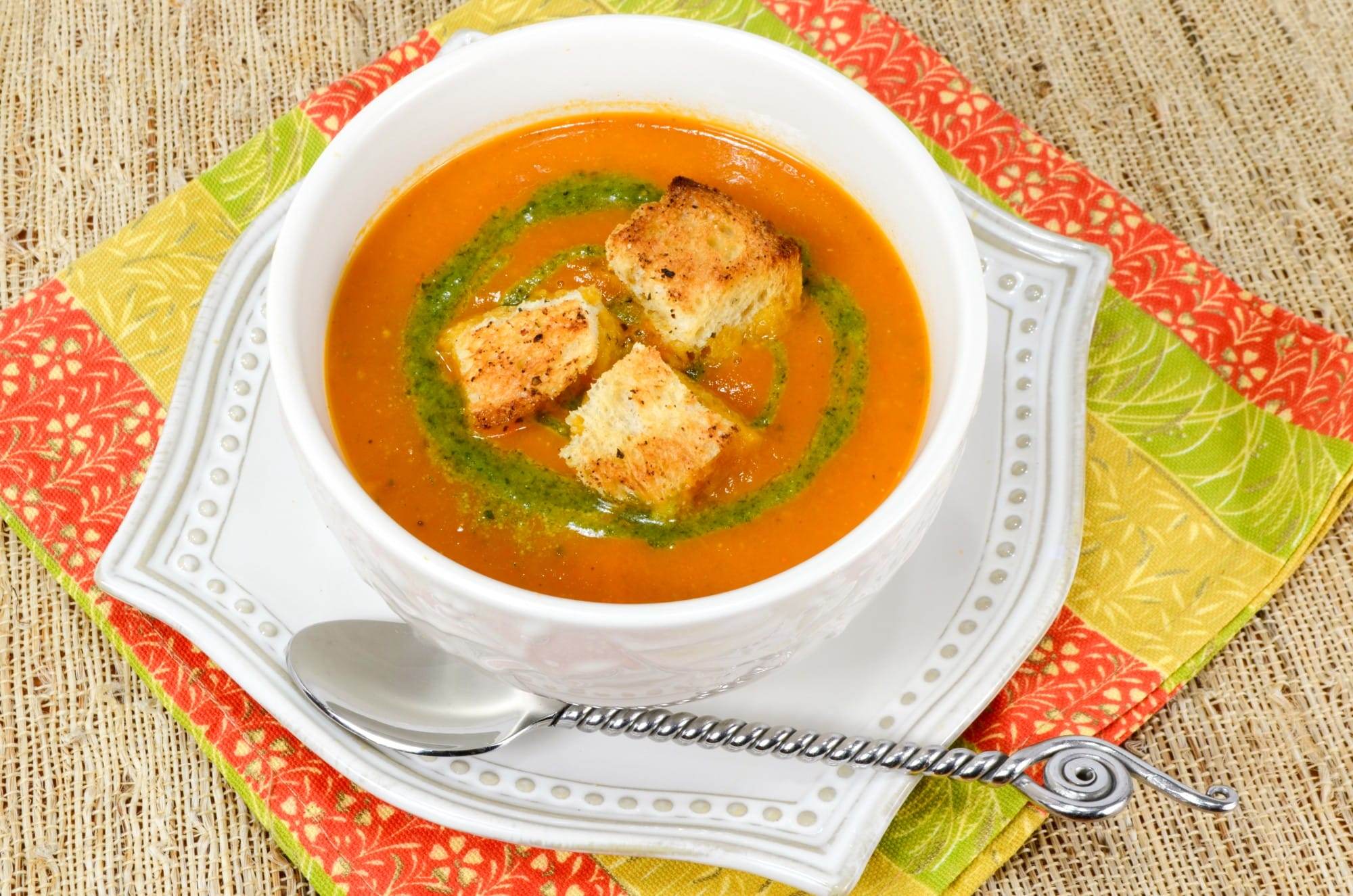 Slow Roasted Tomato Orange Soup with Pesto