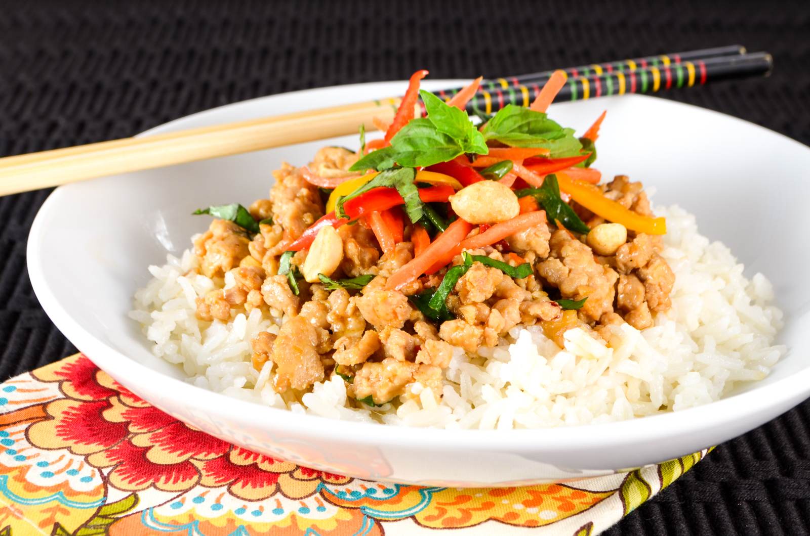 Thai Basil Chicken Rice Bowl with Lemongrass Coconut Rice