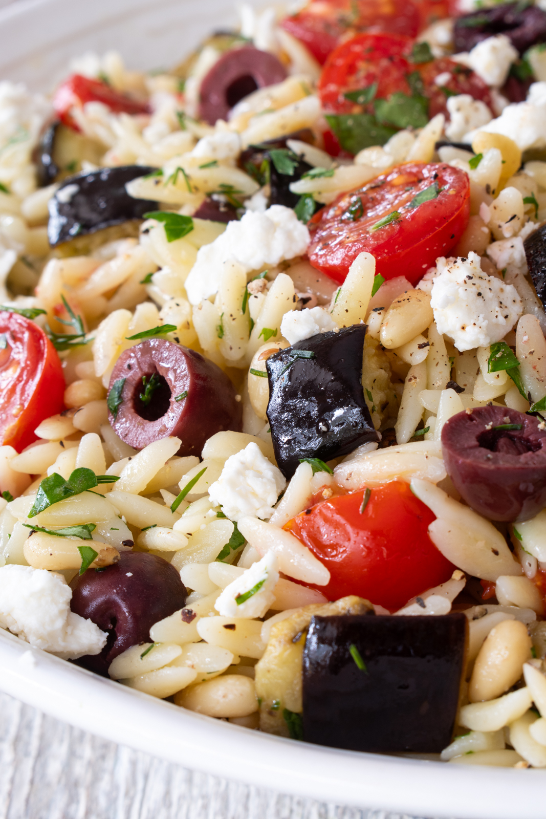 Roasted Eggplant and Tomato Greek Pasta Salad