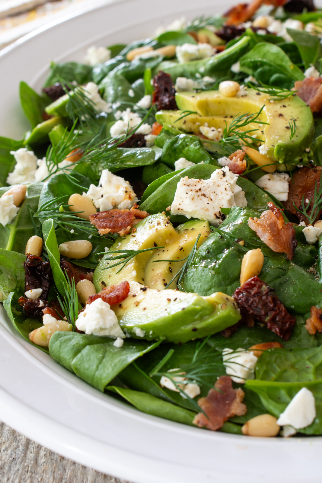 Avocado, Bacon, and Sun-Dried Tomato Spinach Salad