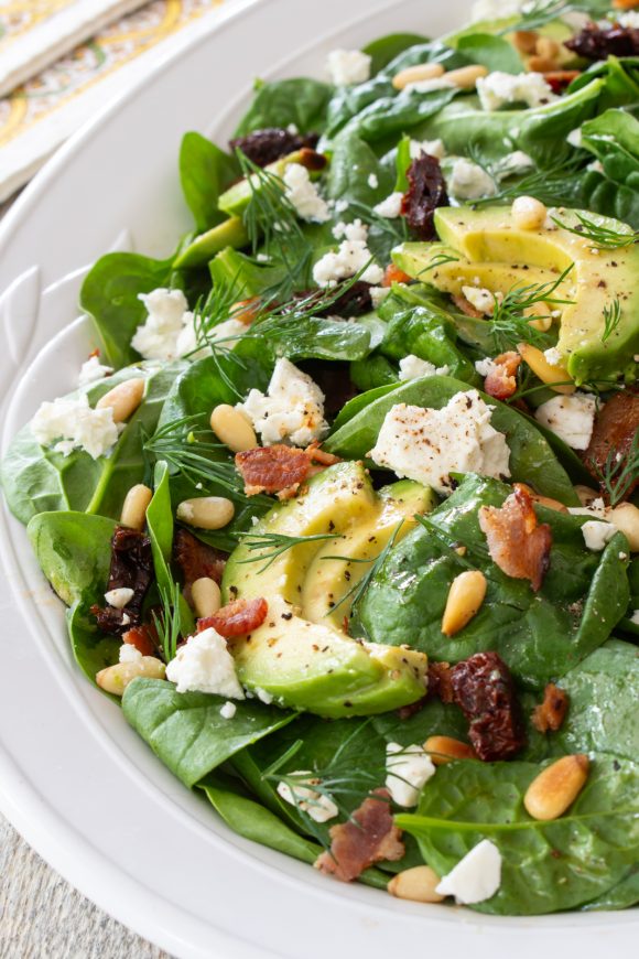 Avocado, Bacon, and Sun-Dried Tomato Spinach Salad